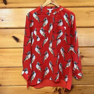 Banana Republic Red Sheer Long Sleeve 1/4 Button Parakeet Blouse Womens XS